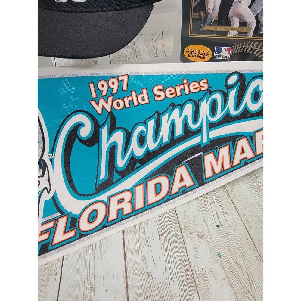 Vintage Florida Marlins 1997 World Series Champions Pennant, Hat. DVD MLB